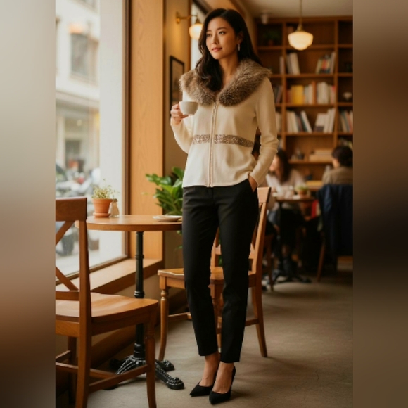 NWT Belldini Los Angeles Ivory Full Zip Cardigan Small Faux Fur Collar Y2K Glam - Picture 4 of 8